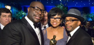 Oscar-winner Steve McQueen, Cheryl Boone Isaacs, and Spike Lee pose together at the Governor's Ball following the live telecast of The Oscars from the Dolby Theatre in Hollywood.