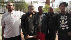 (From left) Troy Kernes, Davon Johnson, William Stewart, Adrian Muldrow (vice president Baltimore City NAACP), and David Reid. Johnson, Stewart, and Reid grew up with Freddie Gray in West Baltimore&rsquo;s Gilmore Homes and remember Gray as &ldquo;the life of the neighborhood.&rdquo; AFRO Photo/Roberto Alejandro. 