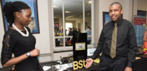 Representatives from Bowie State University display their public kiosks for homeless shelters. They created software to be used with a network of local kiosks to help people find shelters that meet their needs. Photo courtesy/Institute of Museum and Library Services