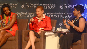 April Ryan, veteran White House correspondent for American Urban Radio Network, was moderator for the CBC-ALC Town Hall meeting. Here she discusses voting rights and the Black Agenda with economist Dr. Julianne Malveaux and Black Lives Matter co-founder Brittany Packnett. Photo/Roy Lewis/Trice Edney News Wire. 