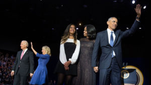President Barack Obama is joined by First Lady Michelle Obama, their oldest daughter Malia, Vice President Joe Biden and his wife, Jill, after his farewell speech and final national address Jan. 10 in Chicago. Sasha Obama, the youngest first daughter, was home studying for an exam. Photo/The White House